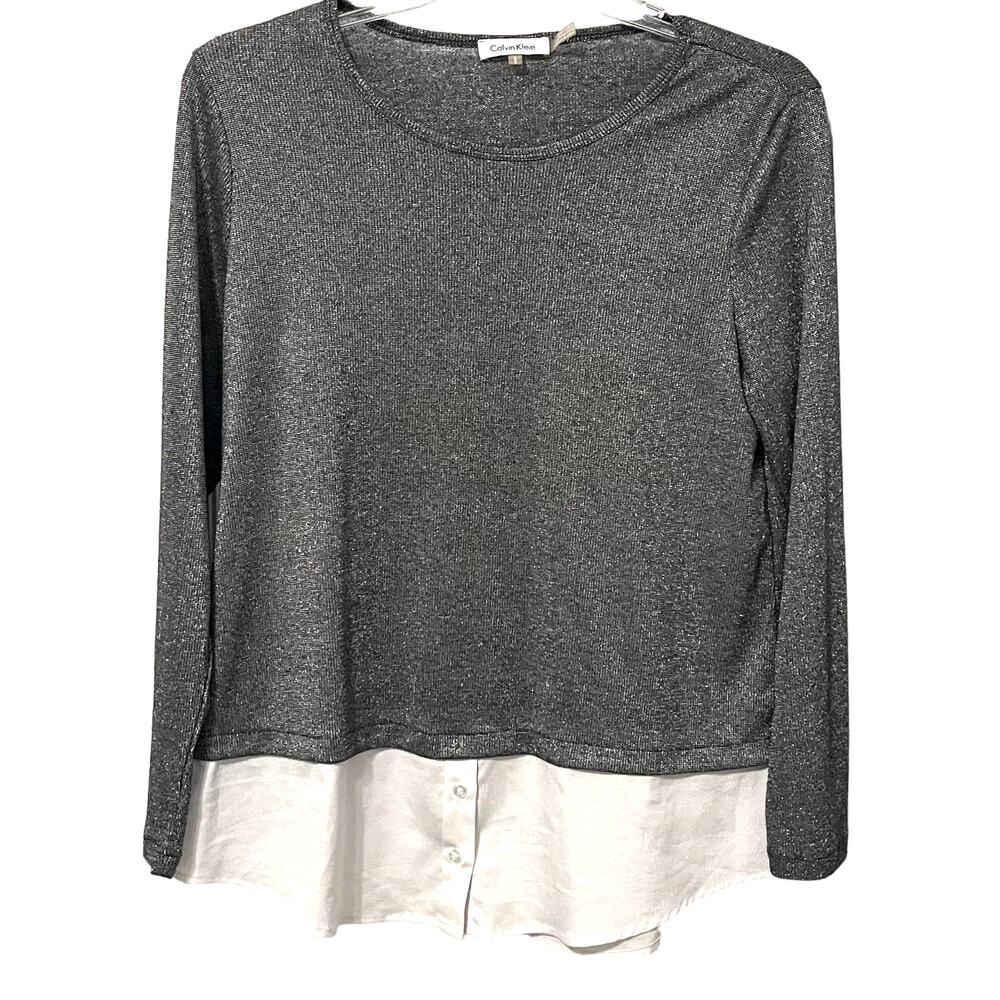 CALVIN KLEIN LONG SLEEVE ROUND NECK BLOUSE, WOMENS, L, SILVER TOP, WHITE BOTTOM